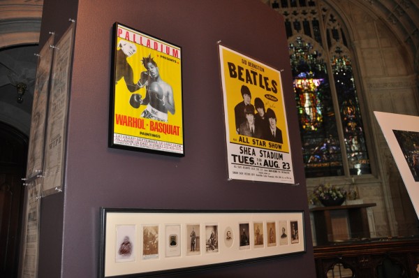 This wall displayed a poster of Jean Michel Basquiat (who is interred at Green-Wood) in a boxing pose with his mentor, Andy Warhol, and a poster advertizing the Beatles first concert in America, promoted by Sid Bernstein, who died recently and is interred at Green-Wood, as well as cartes de visite photographs of Civil War veterans who lie at Green-Wood.