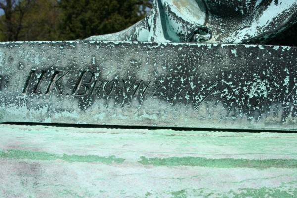 Sculptor Henry Kirke Brown's signature on the base of the Packer Bronze. 
