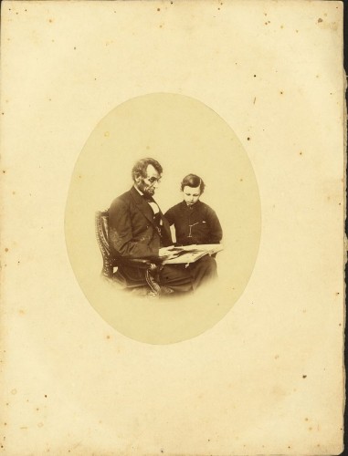 This photograph of Lincoln and his son Tad was taken by Anthony Berger on February 9, 1864, at Brady's National Photographic Portrait Galleries. It is one of the most popular portraits of Lincoln and the only one showing him wearing glasses.