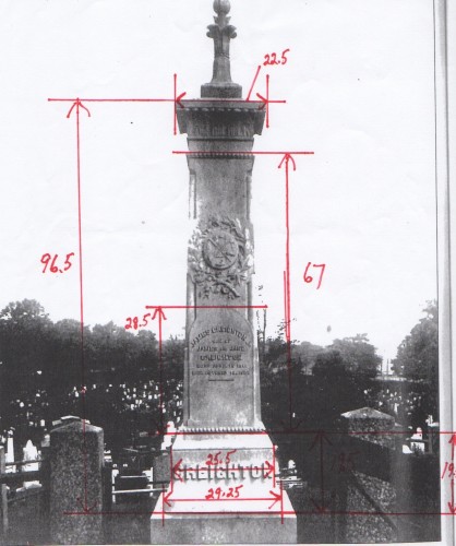 The measurements of Jim Creighton's monument.