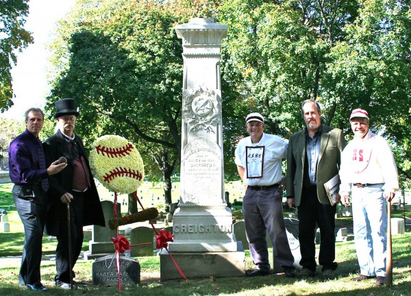 This photograph, taken on October 18, 2012, shows baseball historians and reenactors around his Green-Wood monument.
