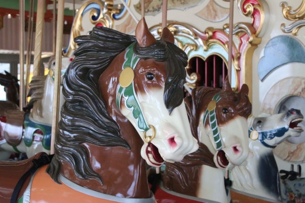 Horses on the B & B Carousel. The Mangels Company usually contracted with carvers to make these horses; Mangels invented the mechanism that make the horses gallop up and down, and made this carousel.