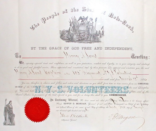Captain Henry A. Sand's commission in the 103rd New York State Volunteer Infantry, issued in 1862 and signed by the governor.