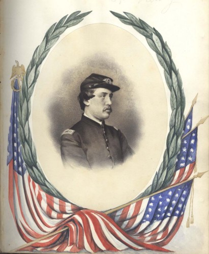 This drawing of Henry, framed by the laurel wreath of a hero, was drawn by his sister, Emily, in a memorial book she created after Henry succumbed to his wound.