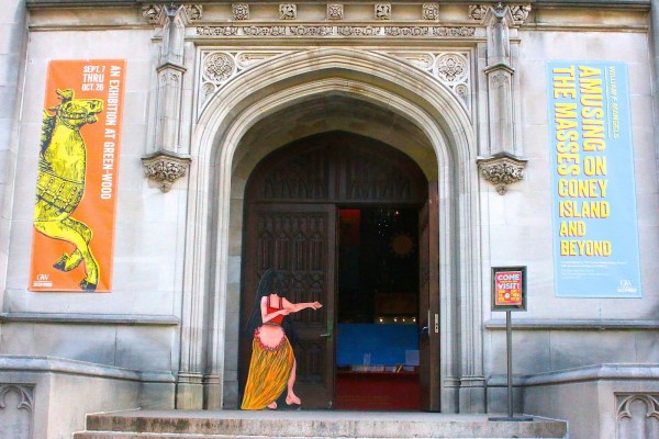 Here's the entrance to the exhibition, with banners, Hula Dancer, and admission sign.