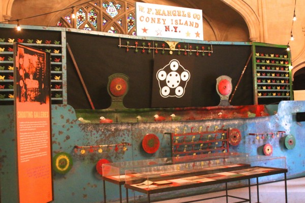 The Pocono Shooting Gallery. It has been the big hit of the exhibition--and not just because it is huge. Visitors get to ring the gongs behind the bullseye targets, check out the mechanism behind the gallery that moved the targets, and play with the pipe target reset lever. Come try it!