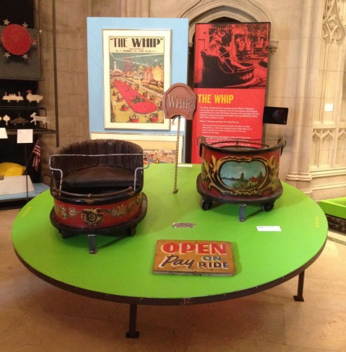 The Whip display features two old kiddie Whip cars, each almost a century old, and two wonderful Whip poster from Ken Rubin's collection.