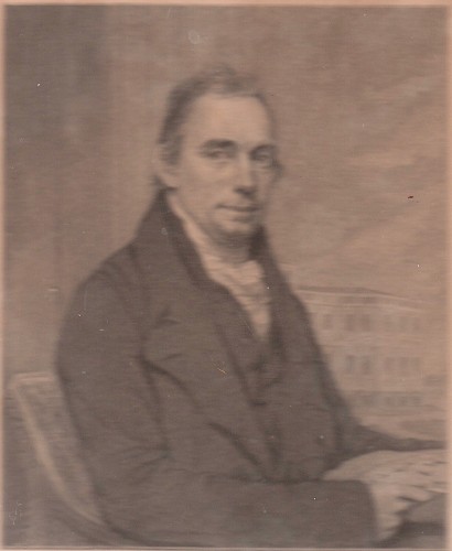 A print of John McComb. Notice the outlines of New York's City Hall over his left shoulder.