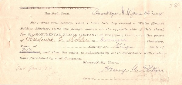 This document, completed on June 26, 1884, reports that he had installed the marker over Frederick Kohler's grave.