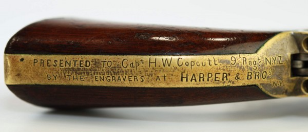 Captain Copcutt, in civilian life, was an engraver. His fellow engravers at Harpers Brothers presented this Colt to him. From the Dennis C. Schurr Collection.