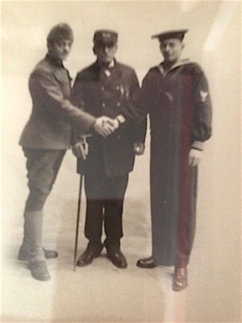 Jeremiah Haley, later in life, with his two grandsons in their World War I uniforms.