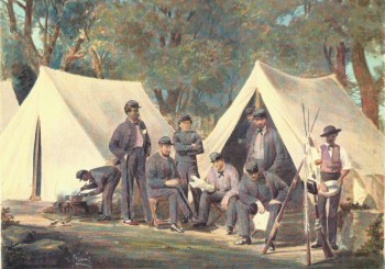 Eastburn Hastings is seated at right. Watercolor by Emily I. Rossire (sister of Henry Augustus Sand--see), 1877, after a photograph by Mathew B. Brady, 1861, of Camp Cameron, Washington, D.C., tents of Co. H, 7th New York State Militia. Courtesy of Barbara Bates as well as Peter H. Sand and John F. McLaughlin, authors of "Crossing Antietam: The Civil War Letters of Captain Henry Augustus Sand, Company A, 103rd New York Volunteers." 