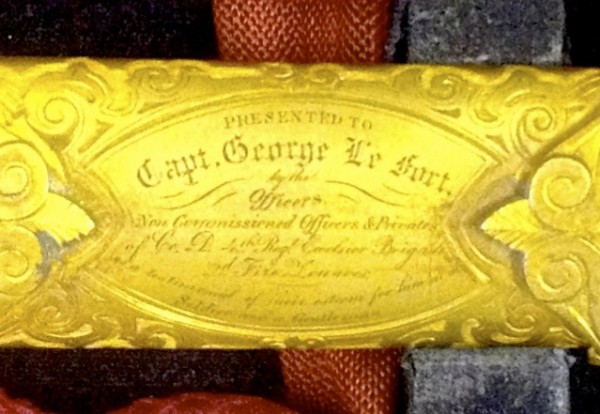 The inscription on the scabbard of George LeFort's presentation sword.