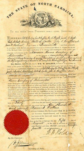 Document, dated 1869, signed by Henry J. Menninger as secretary of state of North Carolina