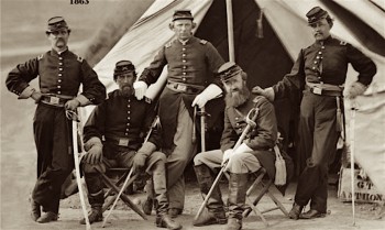 Officers of the 17th Light Artillery at Camp Berry, 1863. Hiram Smith is at far right.
