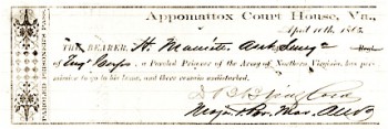 Pass issued at Appomattox Court House, April 10, 1865, upon the surrender of Confederate General Robert E. Lee's Army of Northern Virginia, signed by Major and Provost Marshall of that army David Bridgford, permitting an assistant surgeon, "a Paroled Prisoner," "to go to his home, and there remain undisturbed." 