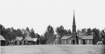 The Poplar Grove Church, at right, built by the 50th New York Engineers, circa 1864. The buildings at left are the 50th's headquarters. 