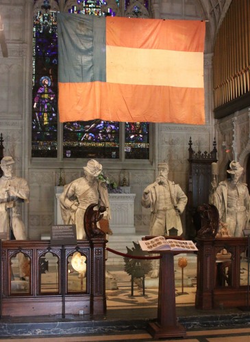 These are the original zincs from New York City's Civil War Soldiers' Monument. Above them hangs a prototype Confederate flag, captured in Baltimore by Private George Dick, who is interred at Green-Wood.