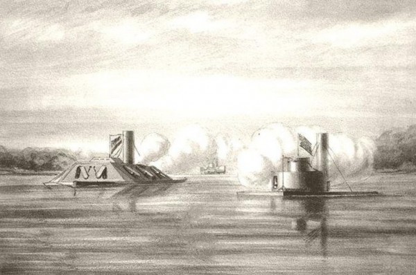 The Union monitor Weehawken capturing the Confederate ship Atlanta. Four of the Weehawken's crew now lie at Green-Wood; two of the Confederates captured by them also lie in Green-Wood's ground.