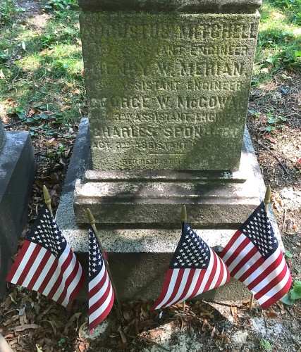 The inscription to the four assistant engineers who drowned when the Weehawken sank to the bottom of Charleston Harbor.