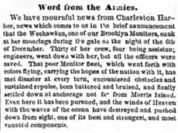 The Brooklyn Eagle reporting "the mournful news" of the sinking of the Weehawken.