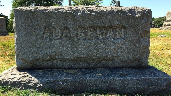 Ada Rehan died in 1916. This is her final resting place, marked by a large rough-cut granite stone.