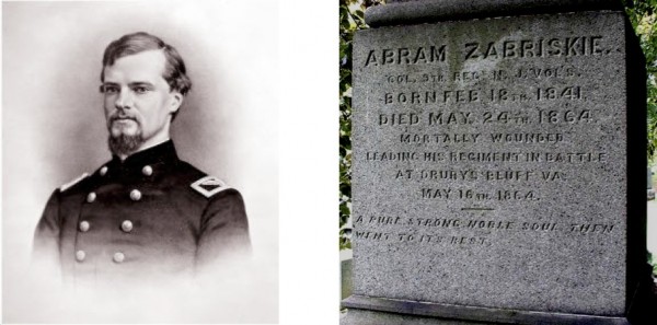 Colonel Abram Zabriskie was a Princeton graduate, class of 1859. Wounded on or about May 12, 1864, at Drury’s Bluff, Virginia, he died on May 24 at Chesapeake Hospital at Fort Monroe in Hampton, Virginia. Section 32, lot 14954.