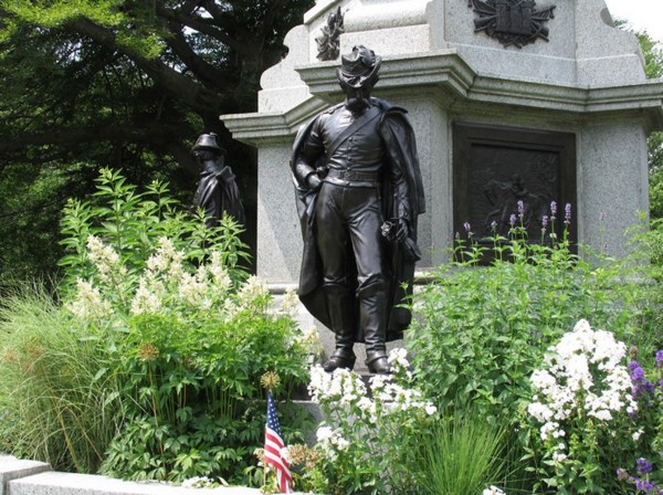 New York City's Civil War Soldiers' Monument, at Green-Wood Cemetery, showing three of the four bronze recasts of the original zinc soldiers.