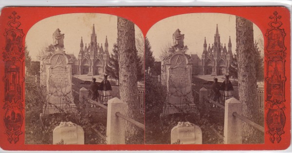 A stereoscopic view of Green-Wood Cemetery, circa 1865. It is a wonderful view of the then recently-completed Main Gates, with two girls in period dress.