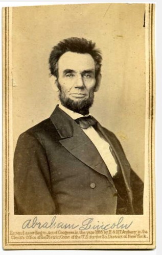 A carte de visite portrait of President Abraham Lincoln.