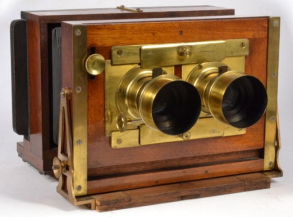 A 19th-century stereoscopic camera with two lenses. With these two lenses, a negative could be exposed that was approximately 6" x 3". Two slightly-different images, captured at approximately the distance between a typical human's eyes, made it possible to see a 3-D scene.  