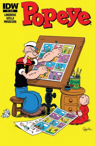 Popeye as illustrator, with spinach at his side.