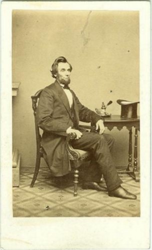 This carte de visite of President-elect Abraham Lincoln was taken on February 24, 1861 at Mathew Brady's photographic studio in Washington, D.C.