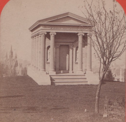 The John Anderson Tomb was ordered in 1863 and is dated, above its front door, 1864. This is a circa 1875 half stereoview of its back, with Green-Wood's brownstone gates seen in the distance at the left.