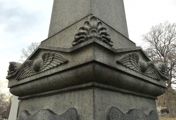Detail of Pitbladdo's work on the Reed Obelisk. Note the winged globes, resurrectionist symbols. The globe represents eternity--it has no beginning and no end. The wings refer to resurrection--the flight to Heaven.
