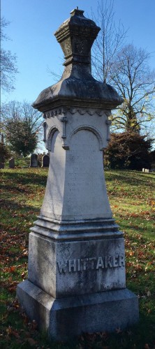 Mrs. John H. Whitaker placed an order for this Italian Marble Monument "the same as Jewetts" on August 26, 1859; she paid $465 ($12,879 in 2015 money) for it.