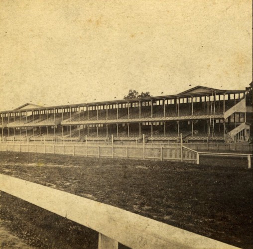 "Grand Stand, Front View." Published by E. & H.T. Anthony & Co. A nicely composed photograph, with the track rail framing the grandstand.