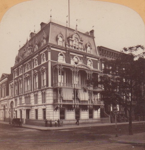 The Jerome Mansion, landmarked in 1965 and torn down in 1974. Behind it were stables for Leonard Jerome's beloved thoroughbred horses; their stables had expensive wood paneling and were carpeted.