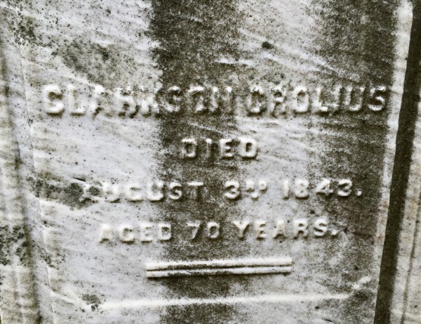 This is the inscription on the left side of the monument, memorializing Clarkson Crolius, Sr., who is the subject of the Micah Williams portrait. An inscription memorializing his son, Clarkson Crolius, Jr., appears on the right side of the monument.
