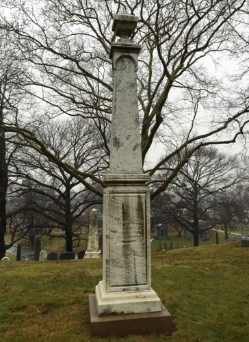 This early marble  monument is centered in the Crolius family lot. It is a short walk from Green-Wood's Main Gates; it stands at the intersection of Arbor and Bay Side Avenues, in section 109. 