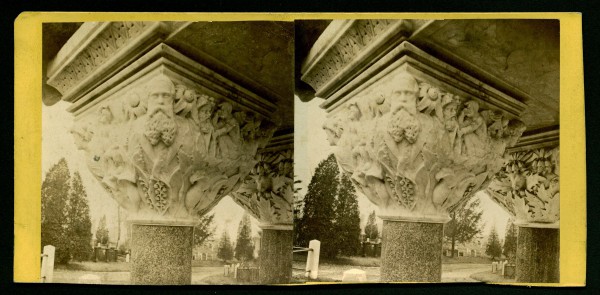 Stereoscopic view of a detail of the Matthews Monument, one of the capitals, circa 1875.