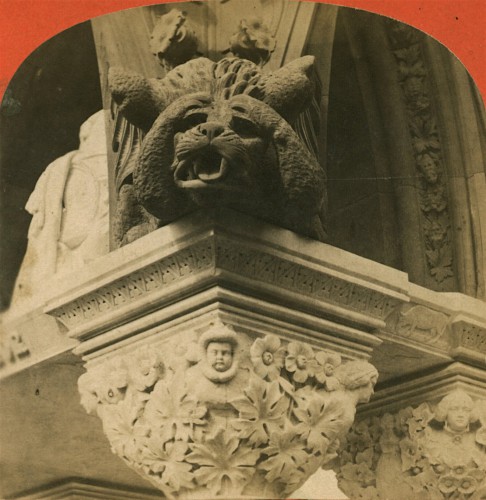 This is one of the four gargoyles at the corners of the Matthew Monument. When it rains, the roof drains through the gargoyles mouths.