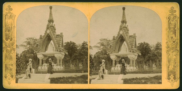 Stereoview of the Matthews Monument, circa 1880, with visitors. Note the wrought iron fence that surrounded the monument in its early years.