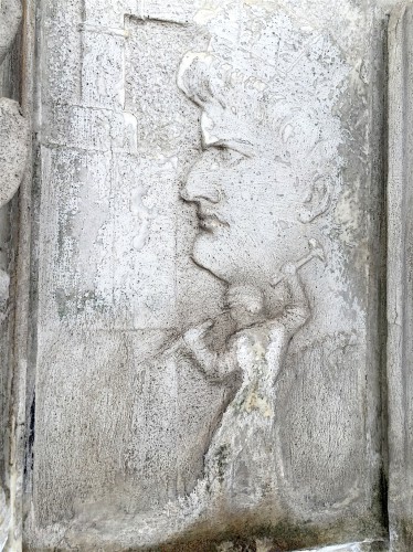 One of the scenes that John Matthews's effigy gets to look at forever and ever. This looks like a sculptor, with hammer in hand, carving away. Note that a rather unattractive woman looms large over his shoulder--is this perhaps Mrs. Matthews, who may have supervised the work on the monument after her husband's death?