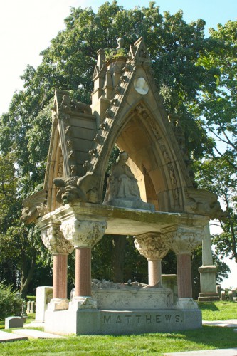 The Matthews Monument today. Though still spectacular, it is diminished from its original glory. Note that the top piece is gone, removed about 35 years ago when it came loose.