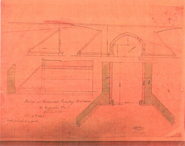 Architect Richard Upjohn's sketch, upon which is noted: "Bridge at Greenwood Cemetery Entrance/R. Upjohn & Co./Architects/February 9th, 1859." Courtesy Avery Library, Columbia University.