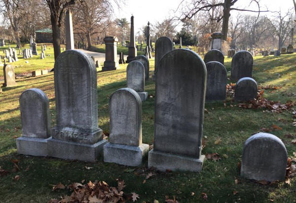 The lot where William Merritt Chase and Alice Gerson Chase are interred. Their gravestone is third from the left in the front row.