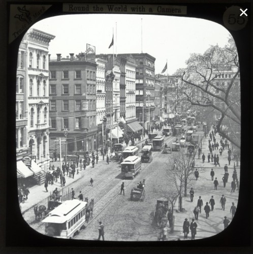 Broadway; the west side of City Hall Park can be seen at the right side of this image.