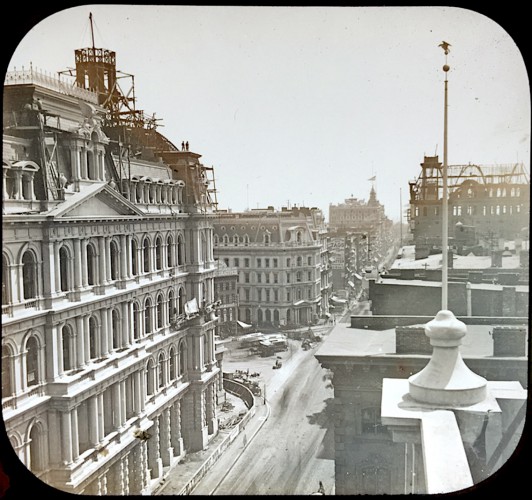 Broadway in Manhattan, circa 1875. This view is looking south towards Park Row, which is coming in from the left. The building under construction at right is the Western Union Building. Communication was dominated back then by mail and telegram; times have changed.