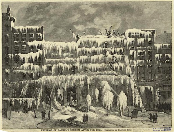 A print of the same fire at Barnum's American Museum. Note the liberties taken in the woodcut--with much ice covering several buildings, an apparent exaggeration for the sake of art.